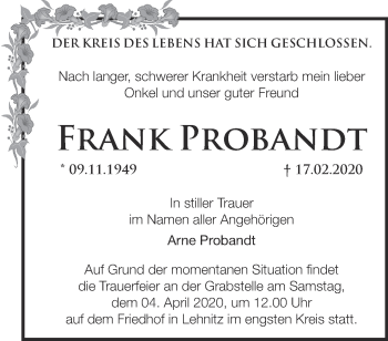 Traueranzeige von Frank Probandt von Märkische Oderzeitung