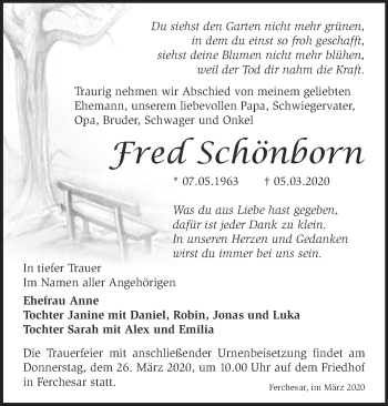 Traueranzeige von Fred Schönborn von Märkische Oderzeitung