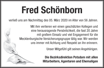 Traueranzeige von Fred Schönborn von Märkische Oderzeitung