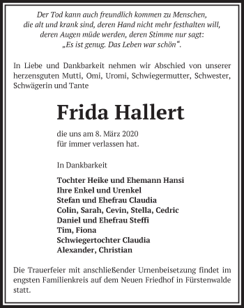 Traueranzeige von Frida Hallert von Märkische Oderzeitung