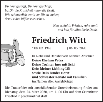 Traueranzeige von Friedrich Witt von Märkische Oderzeitung