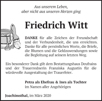 Traueranzeige von Friedrich Witt von Märkische Oderzeitung