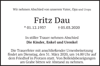 Traueranzeige von Fritz Dau von Märkische Oderzeitung