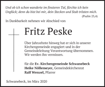 Traueranzeige von Fritz Peske von Märkische Oderzeitung