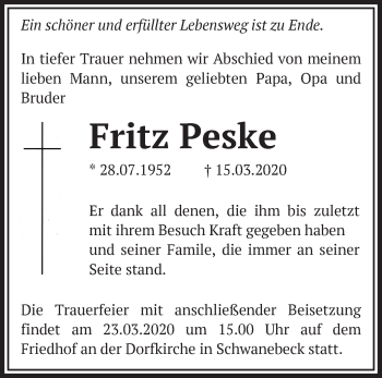 Traueranzeige von Fritz Peske von Märkische Oderzeitung