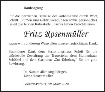 Traueranzeige von Fritz Rosenmüller von Märkische Oderzeitung