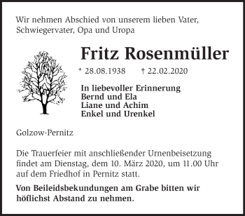 Traueranzeige von Fritz Rosenmüller von Märkische Oderzeitung