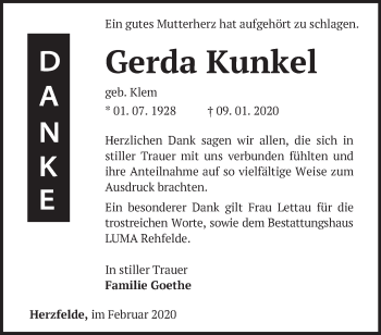 Traueranzeige von Gerda Kunkel von Märkische Oderzeitung