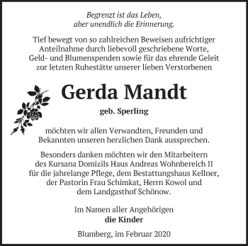 Traueranzeige von Gerda Mandt von Märkische Oderzeitung