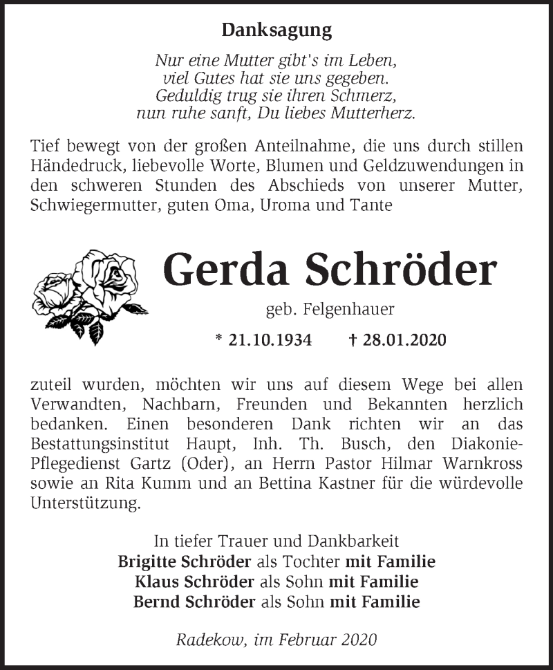 Traueranzeigen von Gerda Schröder | Märkische Onlinezeitung Trauerportal