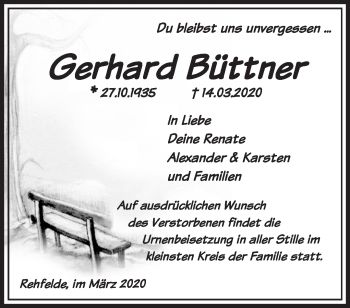 Traueranzeige von Gerhard Büttner von Märkische Oderzeitung