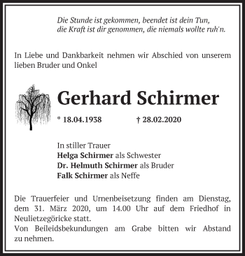 Traueranzeige von Gerhard Schirmer von Märkische Oderzeitung