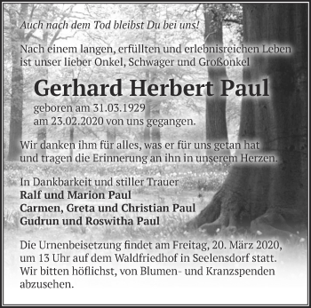 Traueranzeige von Gerhard Herbert Paul von Märkische Oderzeitung