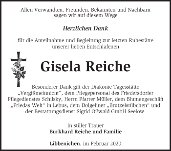 Traueranzeige von Gisela Reiche von Märkische Oderzeitung