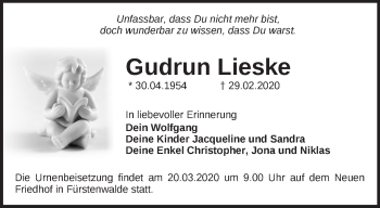 Traueranzeige von Gudrun Lieske von Märkische Oderzeitung