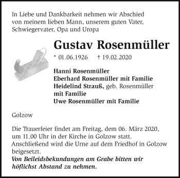 Traueranzeige von Gustav Rosenmüller von Märkische Oderzeitung