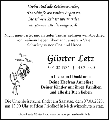 Traueranzeige von Günter Letz von Märkische Oderzeitung