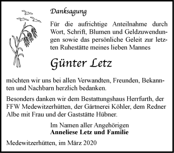 Traueranzeige von Günter Letz von Märkische Oderzeitung