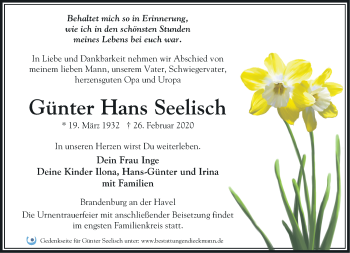 Traueranzeige von Günter Hans Seelisch von Märkische Oderzeitung