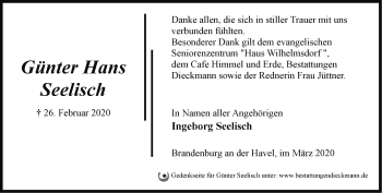 Traueranzeige von Günter Hans Seelisch von Märkische Oderzeitung