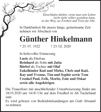 Traueranzeige von Günther Hinkelmann von Märkische Oderzeitung