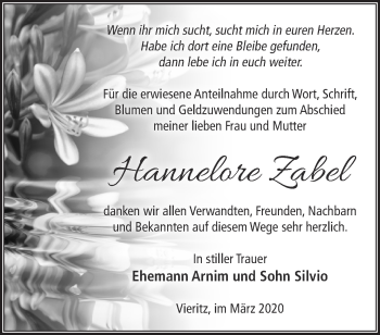 Traueranzeige von Hannelore Zabel von Märkische Oderzeitung