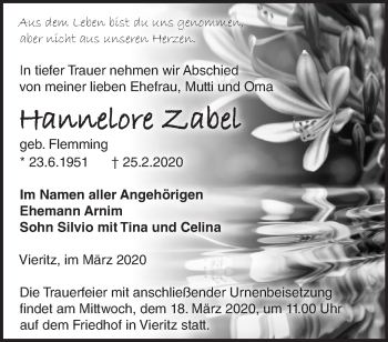 Traueranzeige von Hannelore Zabel von Märkische Oderzeitung