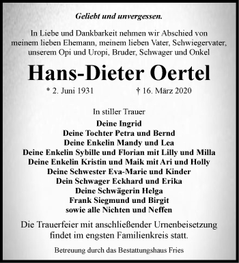 Traueranzeige von Hans-Dieter Oertel von Märkische Oderzeitung