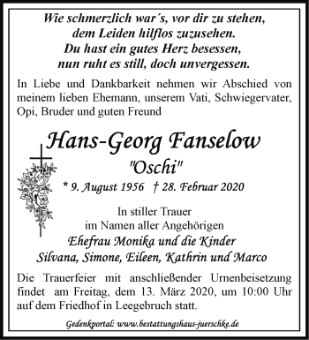 Traueranzeige von Hans-Georg Tanselow von Märkische Oderzeitung