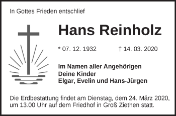 Traueranzeige von Hans Reinholz von Märkische Oderzeitung