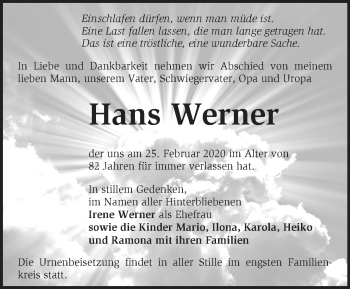 Traueranzeige von Hans Werner von Märkische Oderzeitung