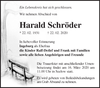 Traueranzeige von Harald Schröder von Märkische Oderzeitung