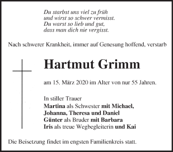 Traueranzeige von Hartmut Grimm von Märkische Oderzeitung