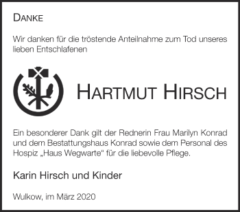 Traueranzeige von Hartmut Hirsch von Märkische Oderzeitung