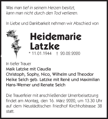Traueranzeige von Heidemarie Latzke von Märkische Oderzeitung