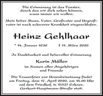 Traueranzeige von Heinz Gehlhaar von Märkische Oderzeitung