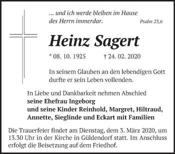 Traueranzeige von Heinz Sagert von Märkische Oderzeitung