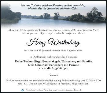Traueranzeige von Heinz Wartenberg von Märkische Oderzeitung