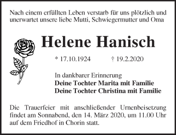 Traueranzeige von Helene Hanisch von Märkische Oderzeitung