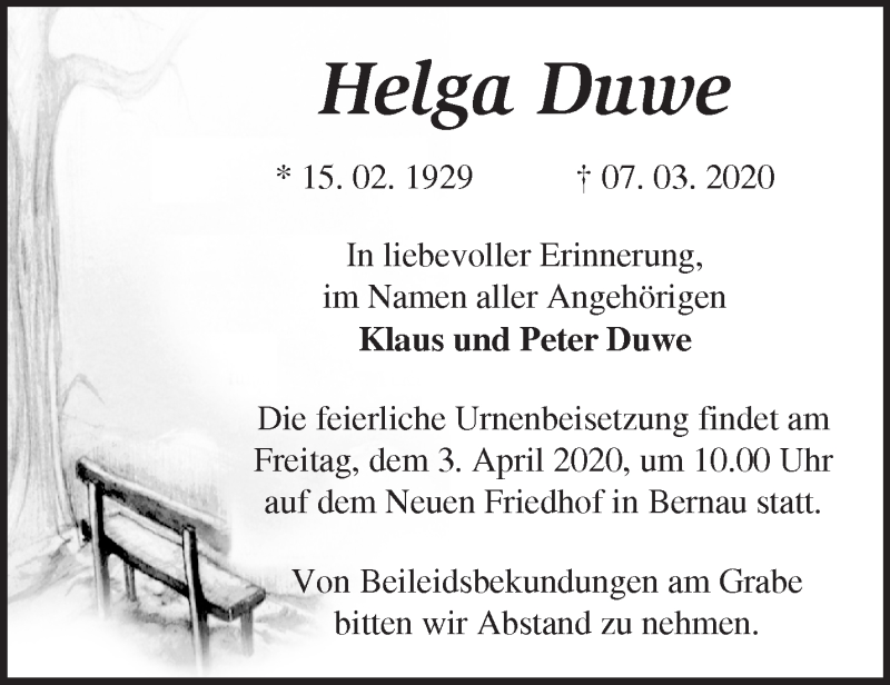  Traueranzeige für Helga Duwe vom 15.03.2020 aus Märkische Oderzeitung