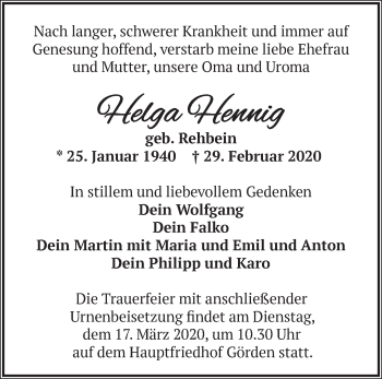 Traueranzeige von Helga Hennig von Märkische Oderzeitung