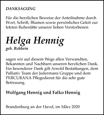 Traueranzeige von Helga Hennig von Märkische Oderzeitung