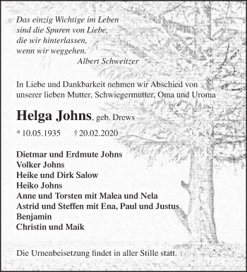 Traueranzeige von Helga Johns von Märkische Oderzeitung