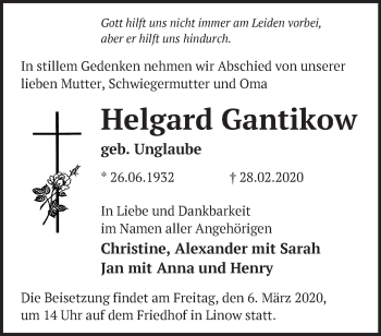 Traueranzeige von Helgard Gantikow von Märkische Oderzeitung