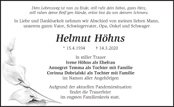 Traueranzeige von Helmut Höhns von Märkische Oderzeitung