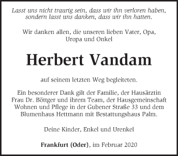 Traueranzeige von Herbert Vandam von Märkische Oderzeitung