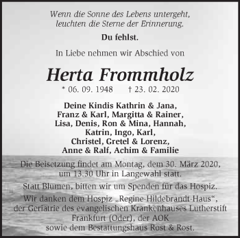 Traueranzeige von Herta Frommholz von Märkische Oderzeitung