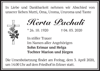 Traueranzeige von Herta Pachali von Märkische Oderzeitung