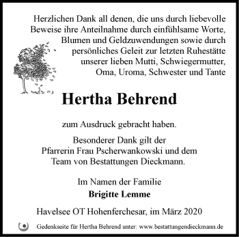 Traueranzeige von Hertha Behrend von Märkische Oderzeitung