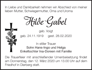 Traueranzeige von Hilde Gabel von Märkische Oderzeitung